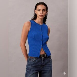 NWT Calvin Klein Jeans Smooth Cotton Rib Sweater Tank Blue Crewneck Size XS